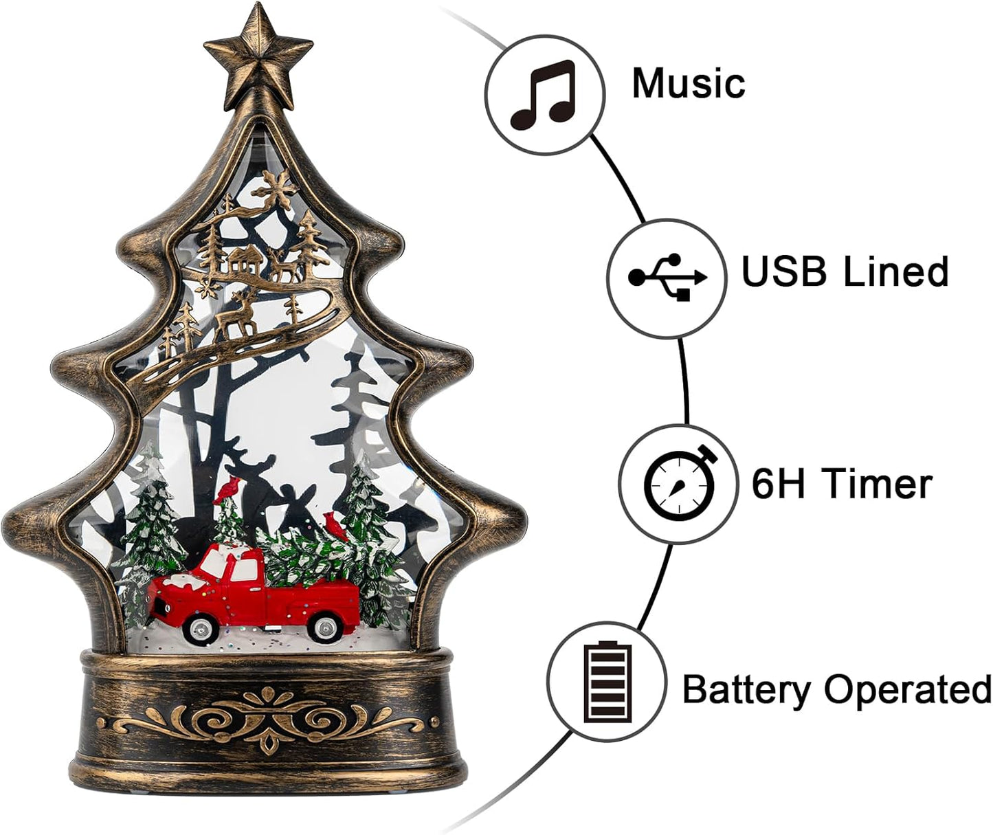 Christmas Snow Globe Lantern Water Glittering Christmas Tree with Red Truck, USB Lined/Battery Operated Lighted Lantern for Christmas Festival Decoration Gifts