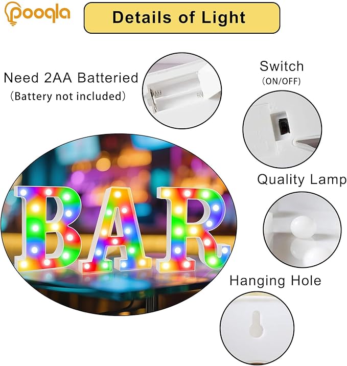 BAR - Illuminated Marquee Bar Sign for home decor - Light up LED Marquee Word Sign - Pre-Lit Pub Light Battery Operated, Valentines Day Gifts for Him (Colorful)