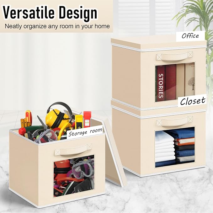 Threehoney 10 Pcs Fabric Storage Cubes with Lids and Clear Windows 11x11 Inch Foldable Closet Organizer Bins Aesthetic Boho Beige Storage Bins for Shelves Dorm Essentials Craft & Farmhouse Decor
