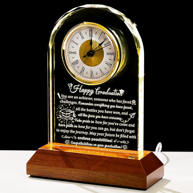 Arikyrist Glass Clock Graduation Gifts for Women Men with Wooden Light Base Class of 2026 Graduation Keepsakes for Her Him Inspirational Gifts Idea for College High School PHD Masters Degree