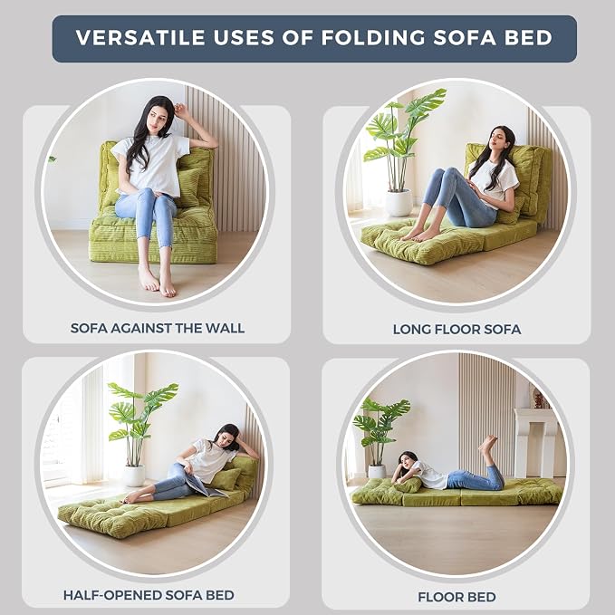 MAXYOYO Folding Sofa Bed, Tufted Bean Bag Bed with Pillows Floor Couch for Adults, Extra Thick and Long Floor Sofa, Single Couch for Bedroom Living Room, Green, 30x91 Inch