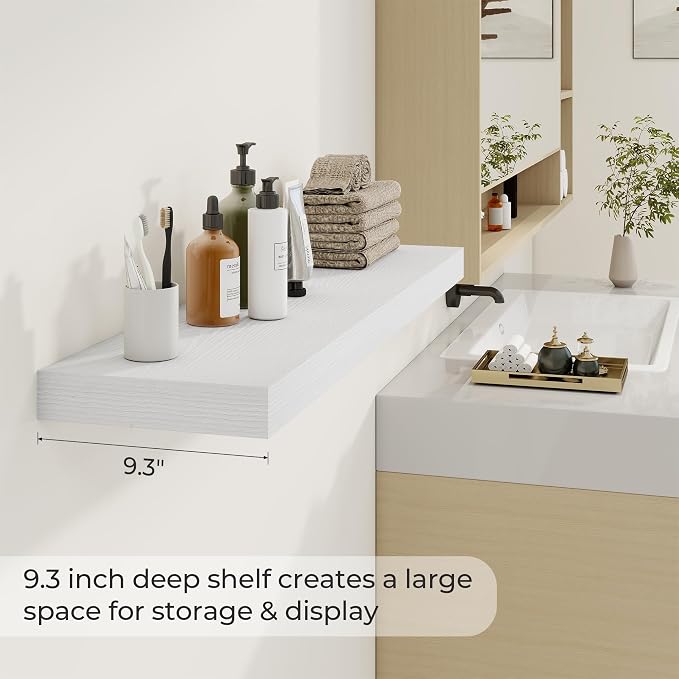 Dreamland 40Inch White Floating Shelves 9.3" Deep Wall Mounted Set of 2 | Wall shelves for bathroom, bedroom, Living Room, kitchen, deep wall mount wood storage display for home decor 40" x 9.3"