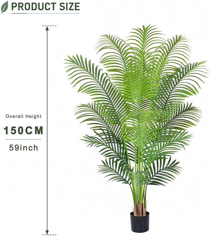 5.2ft Artificial Palm Tree Indoor Plant Tall Fake Tropical Paradise Palm Tree in Pot with Real Bark Design Faux Areca Palm Tree for Home Office Living Room Bedroom Farmhouse Modern Decor 1pcs