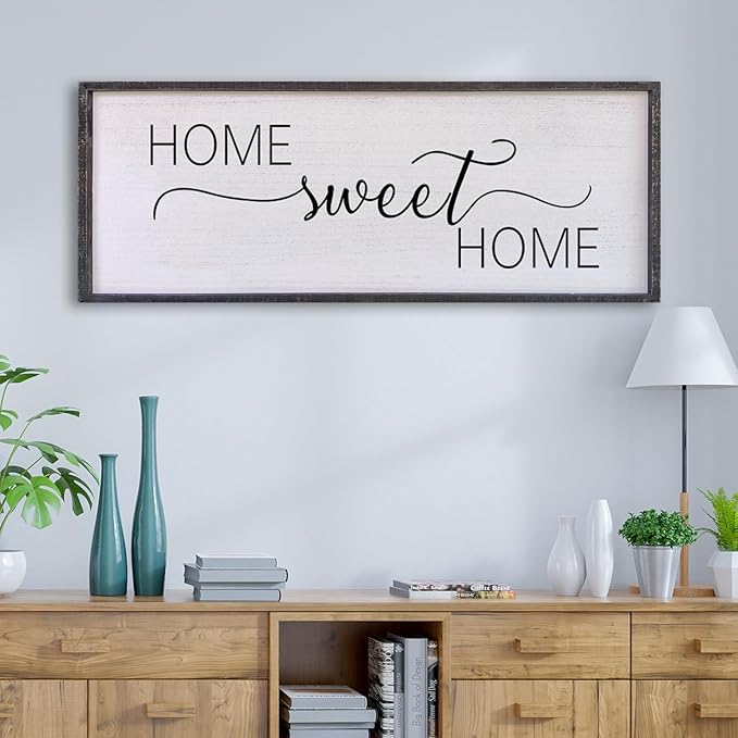 Home Sweet Home Sign Wall Decor 32”X12” Master Family Room Above Bed Beautiful Living Room Above Couch Sign Large Rustic Farmhouse Wood Framed Entryway Hanging Wall Art Decoration (Black)