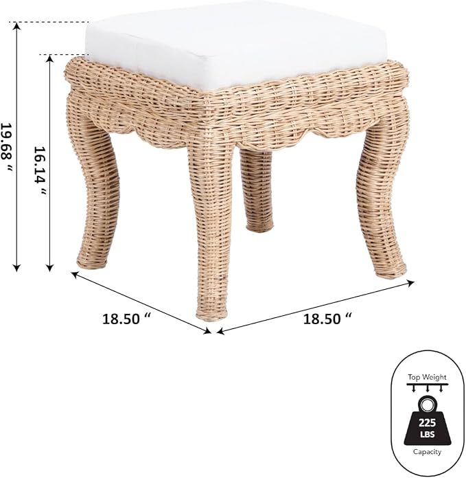 JONATHAN Y Rowan Woven Rattan Vanity Stool with White Cushion, 18.5" Coastal Backless Makeup Chair for Bedroom & Bathroom, Natural Mango Wood Wicker Ottoman Footrest VSL1000A