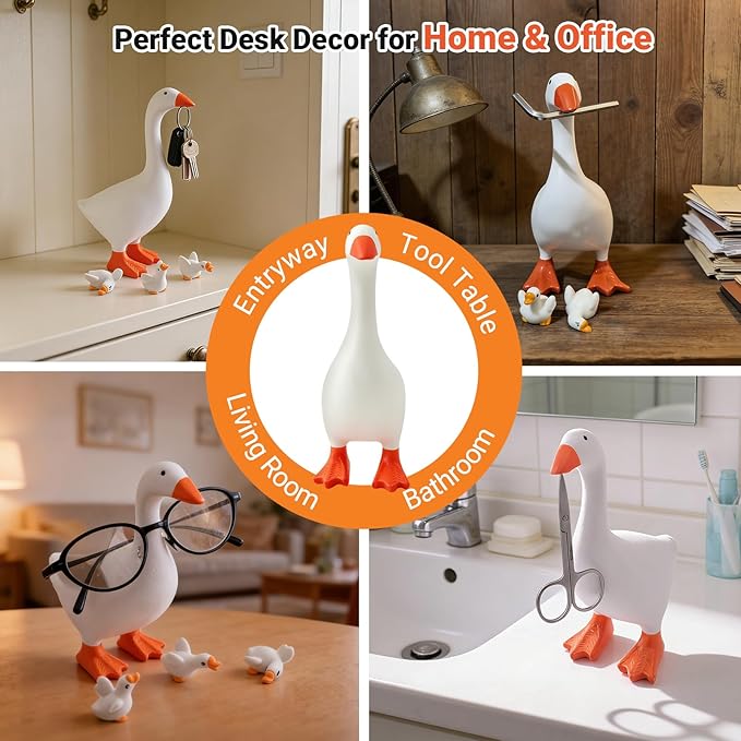 Desk Goose 7 Inch - Desktop Goose with 3 Mini Goose Statues Figurines, Magnetic Beak, Funny Desk Decor for Office and Home, Table Gift Idea for Women Friends Coworkers