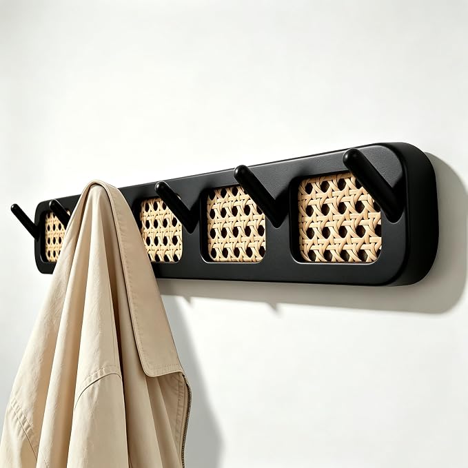 Coat Rack Wall Mount, Rattan Coat Hooks Hanger Wall Mounted | 6 Heavy Duty Bamboo Hooks Rack Rail for entryway Hanging Clothes Hats Bags Jackets Towels Plants,Natural