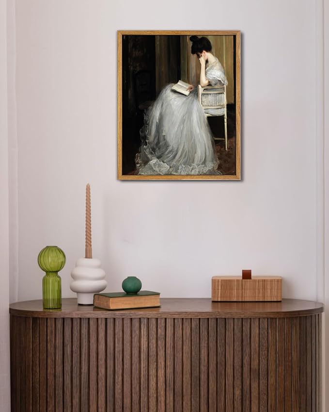 UPWOIGH The Reader Framed Portrait Wall Art, 16 x 24 Inch | Seated Woman Reading in a Flowing White Gown, Vintage Impressionist Style, Warm Wood Frame for Bedroom and Reading Nook