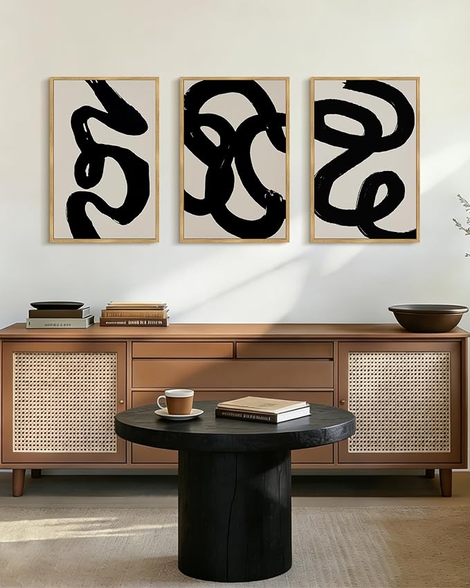 PHOPAGO Black Abstract Modern Framed Wall Art Large 16x24in Ink Wash Minimalist Thick Black Lines Paints Artwork Bedroom Living Room Home Decor - Natural Framed