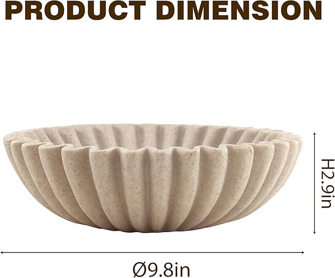 10'' Scalloped Decorative Key Bowl for Entryway Coffee Table - Catchall Trinket Large Candy Fruit Purse Holder Kitchen Countertop Console Modern Home Decor, Artificial Stone Beige