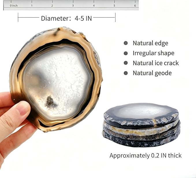Gray Agate Coaster Drinks Crystal Cup Stone Coasters Set of 4 Geode Agate Slices with Rubber Bumpers for Coffee, Wine or Bar Glasses (4"-5")