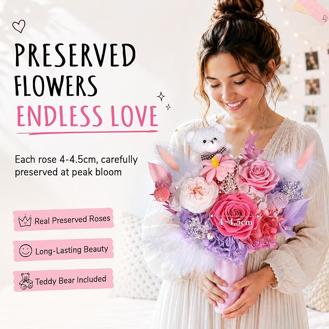 Preserved Flowers Bouquet with Bear, 3 Real Forever Flowers for Delivery, Long-Lasting Sweet Pink Eteranl Roses Bouquet, Anniversary Birthday Gifts for Women Mom Her Girlfriend Wife