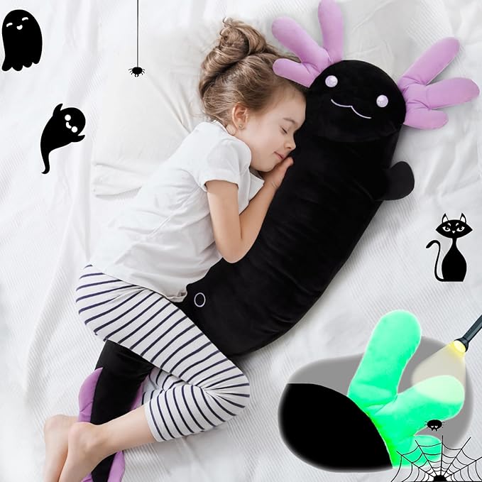 Tezituor Black Axolotl Stuffed Animal 48 inch Glow-in-Dark Plush Toy Body Pillow for Kids Adults Girls 6-12, 4ft Large Stuffed Salamander Axolotl Lovers Gifts Halloween Christmas Valentine's Day