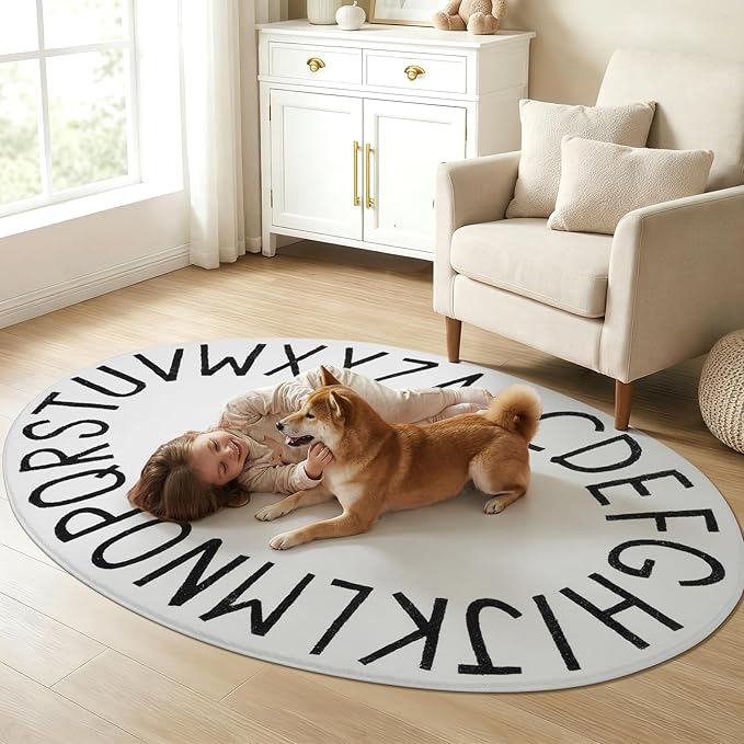 Topotdor Oval Kids Play Rug Alphabet Nursery Area Rug Extra Large Soft Crawling Play Mat for Children Toddlers Bedroom (47x70 inch, White)