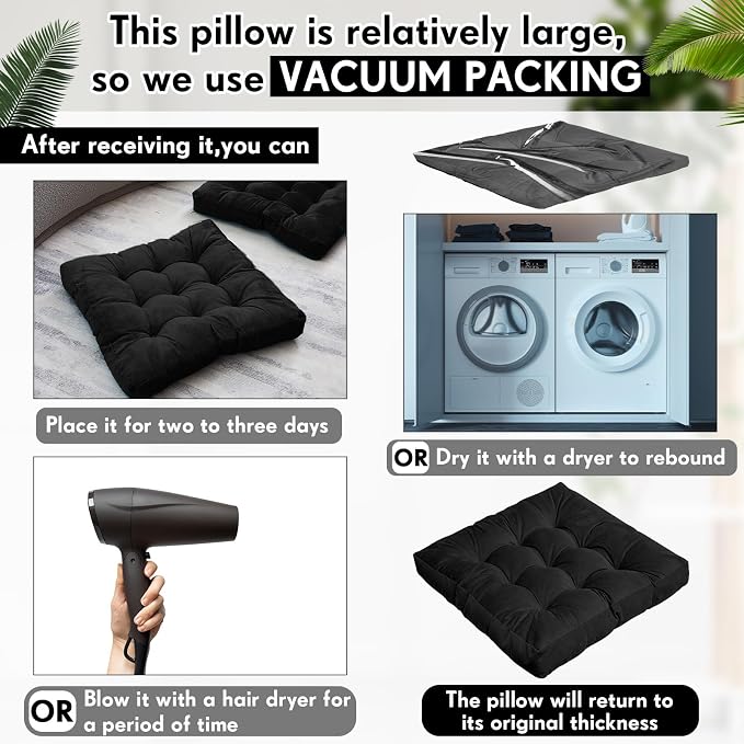 Jerify 4 Pcs Floor Pillow Cushions Large Round Square Large Meditation Floor Pillow for Classroom Adult Meditation Picnic Party Seating Learning Daycare School (Square,Black)