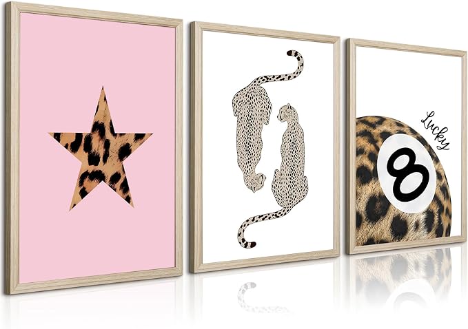 Leopard Wall Art Cheetah Canvas Prints Lucky 8 Ball Wall Decor Fashion Leopard Poster Aesthetic Pictures Trendy Cheetah Painting Preppy Pink Artwork for Living Room Bedroom 16x24x3 Inch Wood Framed