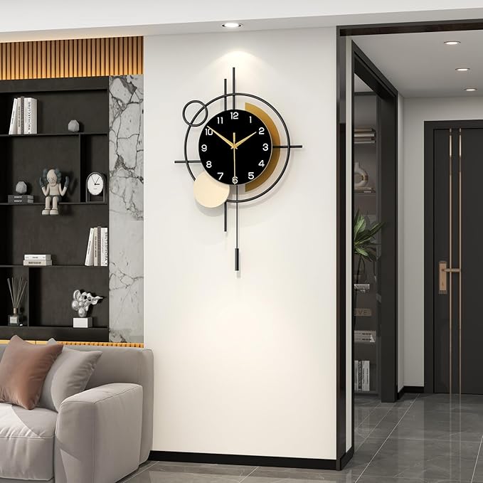 Large Wall Clock for Living Room Decor Modern Wall Clock with Pendulum Silent Quartz Battery Operated Metal Decorative Clock for Dining Room,Kitchen,Home,Bathroom,Bedroom,17.7x27.3 in