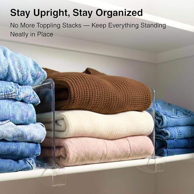 SortNStore Shelf Dividers Purse Organizer for Closet: 8-Pack Acrylic Bag Storage Organizer for Handbags, Clutches, Clothes, Sweater, Towel on Wood Shelves