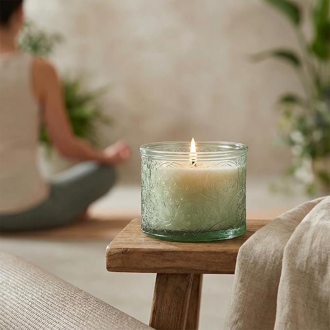 10 oz Green Mandala Glass Candle Jars with Bamboo Lids, 9 Pack | Patented Embossed Design, Includes Wick Centering Devices & Warning Labels, Multiple Color Options