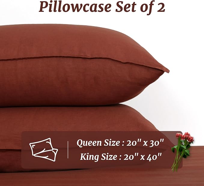 Linen World French Linen Pillowcases - Set of 2 - Stone Washed,Moisture-Absorbing - King Size (20''x40''),Red Pear