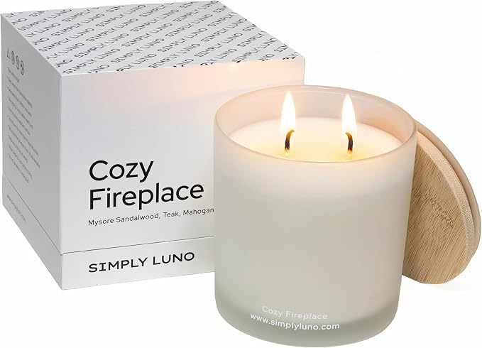 Cozy Fireplace | Mysore Sandalwood, Teak & Mahogany Scented Candle | 14oz Soy Wax Large Candle | 50+ Hour Long Lasting Candle for Home, Living Room, Bedroom & Relaxation | Luxury Jar Candle Gift Box