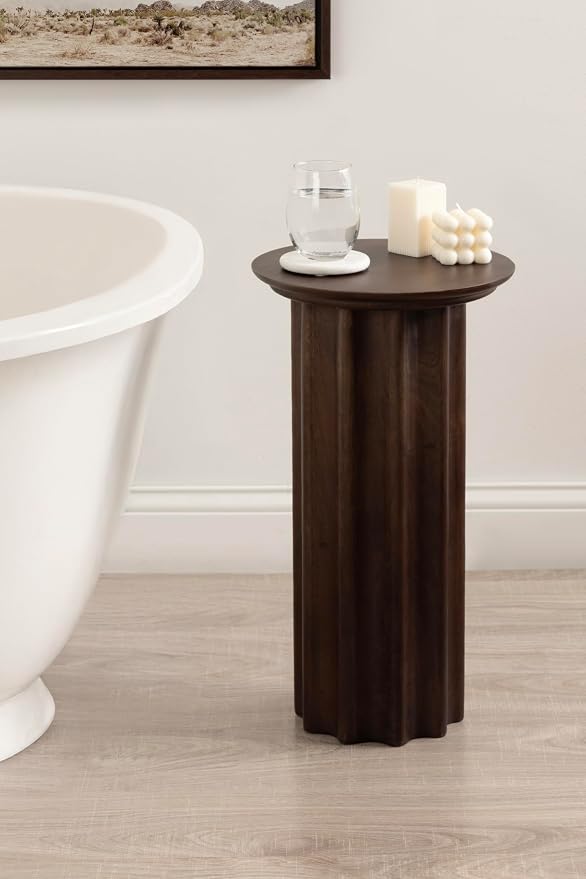 Kate and Laurel Gierson Modern Wooden Round Side Table; 12 x 12 x 22; Dark Brown; Transitional Scalloped Wood End Table for Use as Bedroom Nightstand or Living Room Accent Table