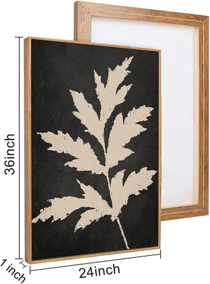 Black Tan Fern Leaf Framed Canvas Wall Art Set, Minimalist Botanical Wall Decor, Nature Fern Plant Silhouette Wall Painting, Modern Rustic Art Print for Living Room, Bedroom, Office -36"x24"x3