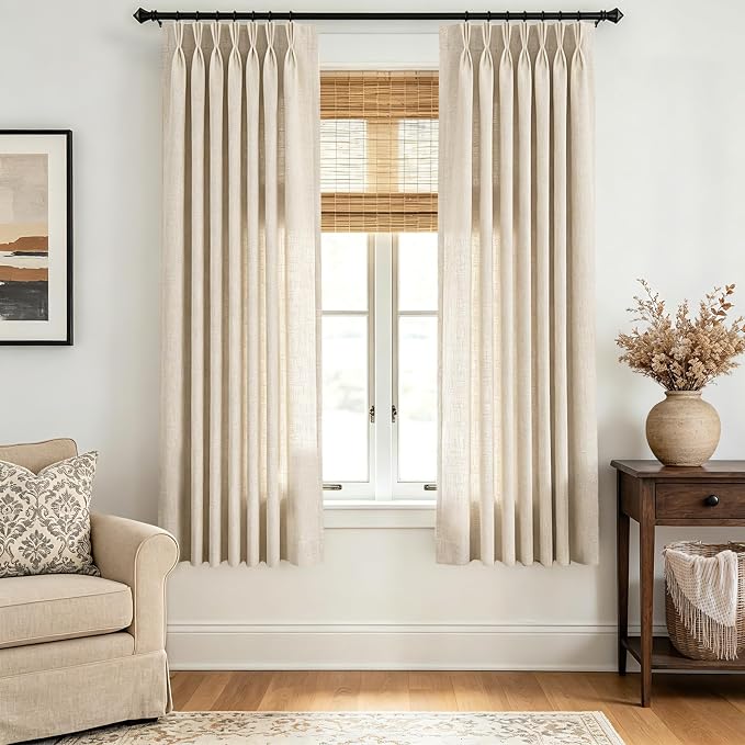 Memory Trained Beige Triple Pinch Pleated Curtains 2 Panels 40x63 Linen Blend Light Filtering Privacy Drapes with Hooks Back Tab for Track System Bedroom Study Minimalism Neutral Decor