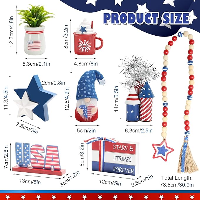4th of July Decorations 8 Pcs Tiered Tray Decor, Patriotic Memorial Day Independence Day Decorations for Home Office Indoor, Fourth of July Table Centerpiece Shelf Mantel Red White and Blue Decor Sign