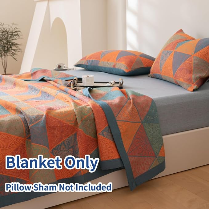 100% Cotton Muslin Blanket Jacquard Bohomian Mandala Triangle Quilt, Soft Bed Cover 3 Layers Reversible Bedspread Coverlet Breathable Lightweight Bedding Twin(59"x94"), No Pillow Sham