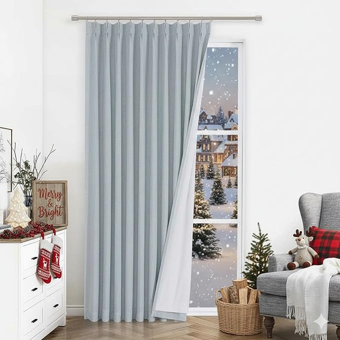 Vision Home Blue Fog Pinch Pleated Full Blackout Curtains Linen Blended Room Darkening Window Curtains 95 inch for Living Room Bedroom Thermal Insulated Pinch Pleat Drapes with Hooks 1 Panel 60"Wx95"L