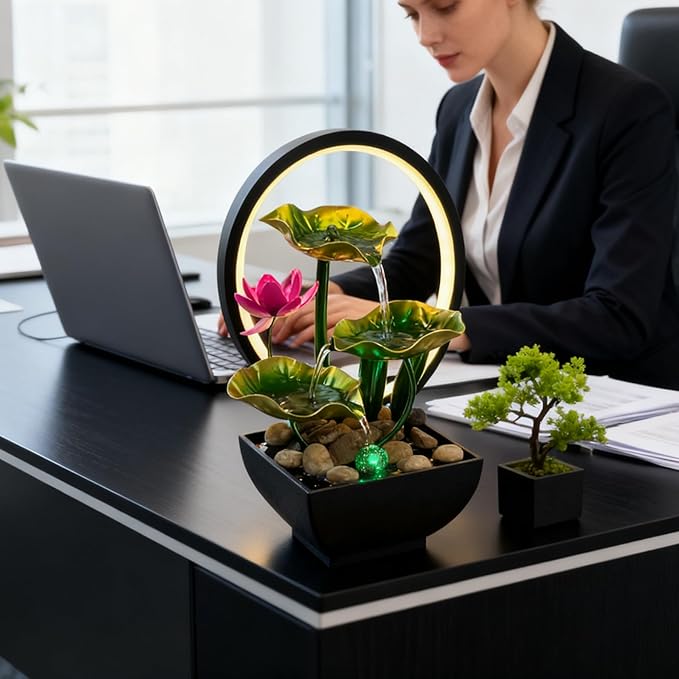 AOZITA Tabletop Fountain, Indoor Waterfall Fountain, Small Home Décor Zen Relaxation Soothing Sound Machine for Office, Living Room, or Bedroom, Green Metal Lotus with Flower, River Rocks, Round LED