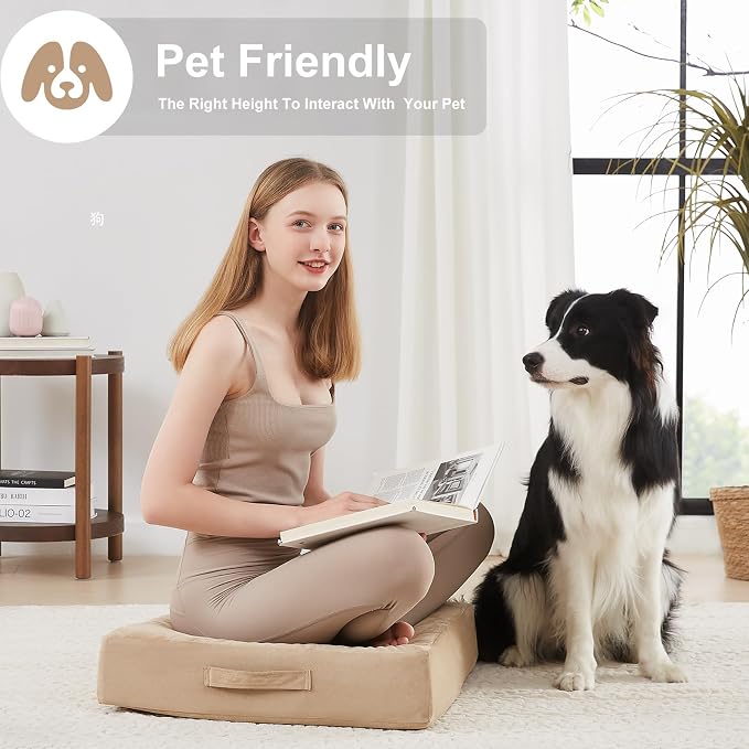 JKMAX 2 Pcs High Density Foam Floor Pillow - Upgraded Large Pillows Seating for Adults - Outdoor Floor Cushion with Soft Tufted Cover - Yoga Pillows for Sitting On Floor - 22 Inch Khaki