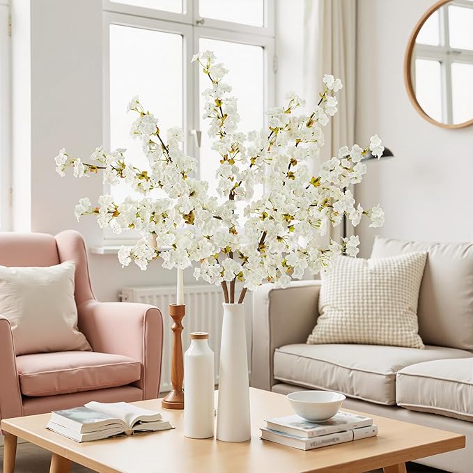 Uieke Silk Cherry Blossom Branches, 39.3in Artificial Cherry Blossom Tree Stems, Fake Plum Blossom Flowers Arrangement for Wedding Home Japanese Decor, Set of 3, White