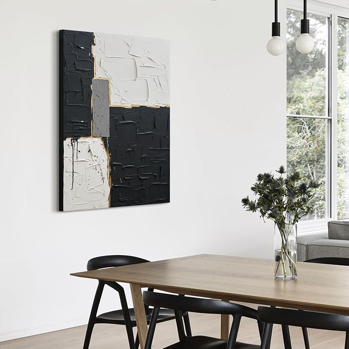 Minimalist Abstract Black & White Geometric Canvas Wall Art for Living Room | Modern Hand-Painted Textured Oil Painting Artwork for Bedroom Hallway, Large Original Wall Decor for Home Decor Gifts 24x36"