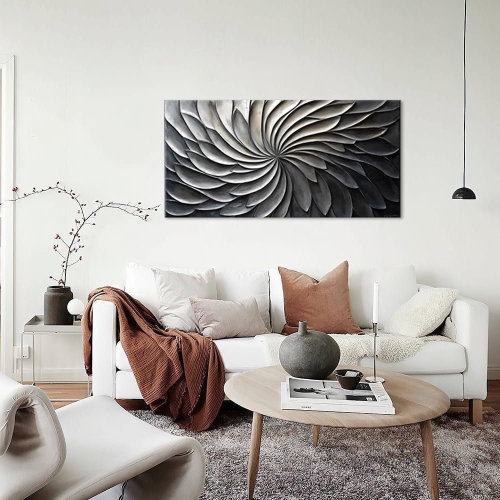 LASMOND Abstract Black and White Wall Art for Living Room Modern Canvas Print Painting Lines Flower Floral Large Artwork Bedroom Home Office Wall Décor (30x16 Inches)