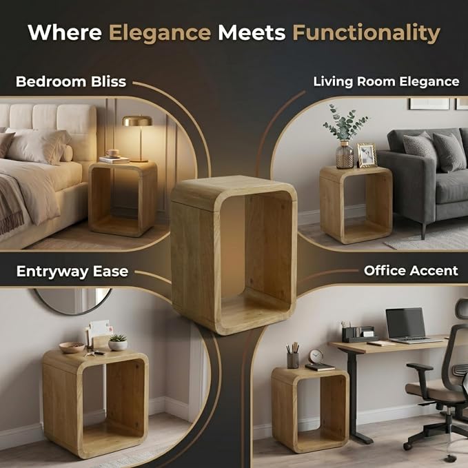 Relso Aurora End Table Solid Wood Nightstand with Open Shelf Storage, Natural Finish Bedside Table, Side Table for Bedroom, Living Room, Entryway, Small Spaces, Accent Bookshelf