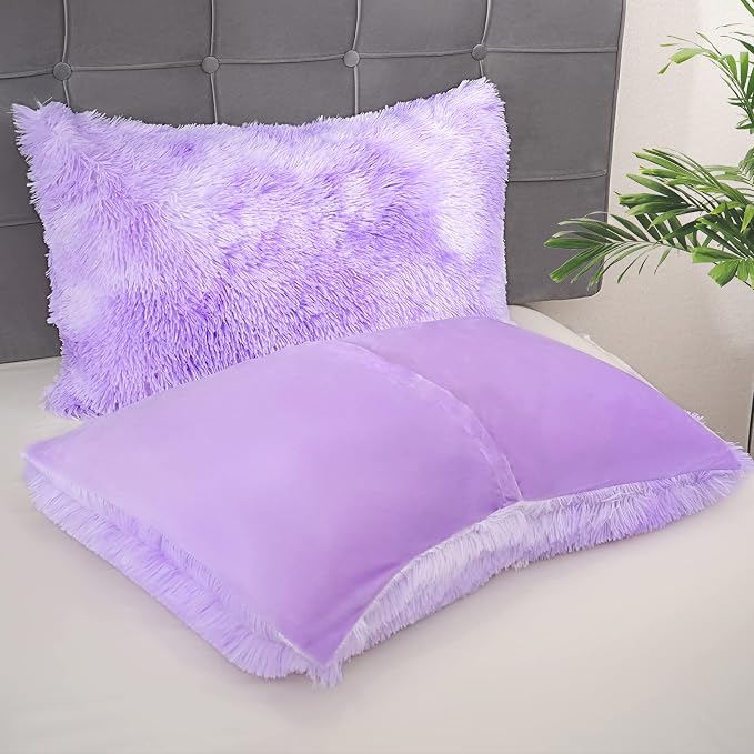 Fluffy Plush Purple Duvet Cover Set Queen Size, Luxury Soft Velvet Fuzzy Comforter Cover Bed Sets 4Pcs(1 Faux Fur Duvet Cover + 2 Pillow Cases + 1 Pillow Cover) Zipper Closure (Queen, Purple)