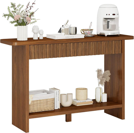 BECHAEO Mid Century Modern Console Table with Drawers, 51" Large 2-Tier Narrow Console Table with Storage Shelf, Sofa Station Behind The Couch, Accent Tables for Entryway, Hallway, Rustic Brown