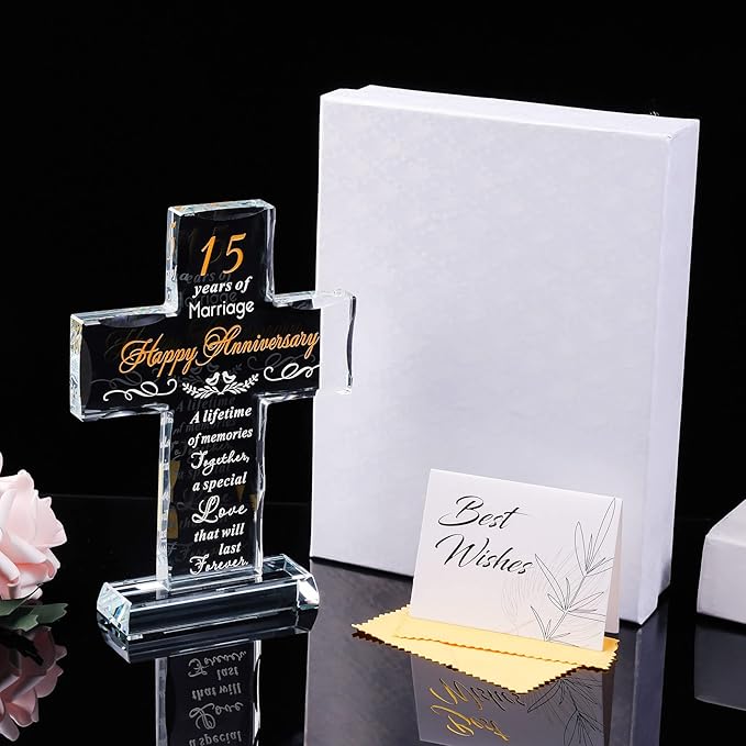 YWHL Happy 15th Anniversary Glass Cross Gifts for Couples, 15 Year Cross Wedding Anniversary Romantic Gifts for Her, 15 Years of Marriage Present for Him