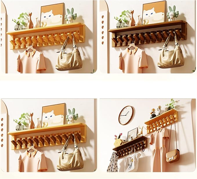 Wall Mounted Coat RackHooks Piano Key Hangers Natural Solid Wood Hanger Non-Woven Fabric Clothes Hangers for Closet, Kitchen, Bedroom, Bathroom, Entryway (Tray-Beech, 6 Hooks)