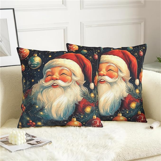 Christmas Santa Pillow Covers Xmas Throw Pillow Covers 18x18 Set of 2 Black Red Holiday Pillowcase Double Sided Printing Cotton Linen Cushion Case for Living Room Sofa Couch