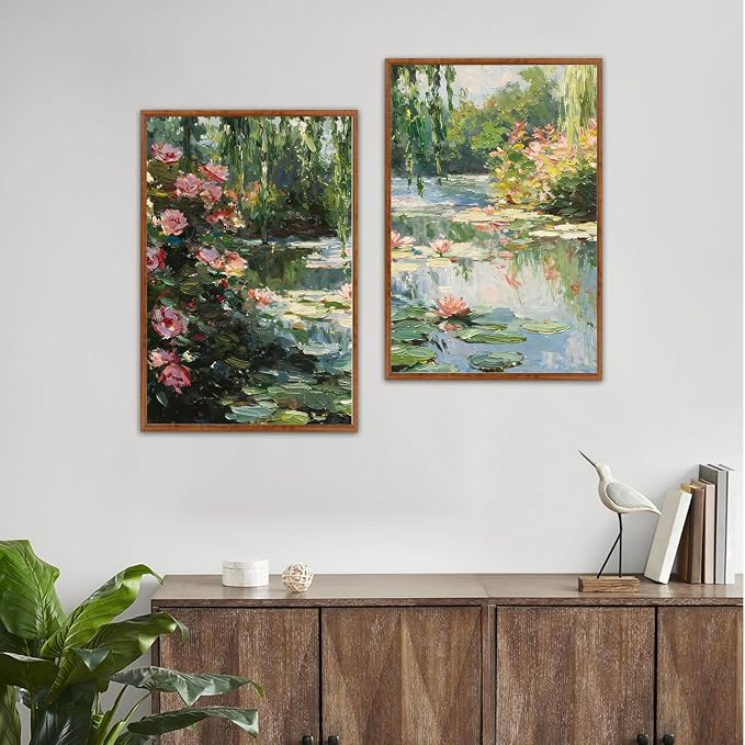 LHIUEM Monet Water Lilies Floral Framed Canvas Wall Art Set,Vintage Impressionist Botanical Wall Decor,Oil Paintings Style Flowers Artwork for Living Room,Bedroom,Dining Room,Office -24"x36"x3