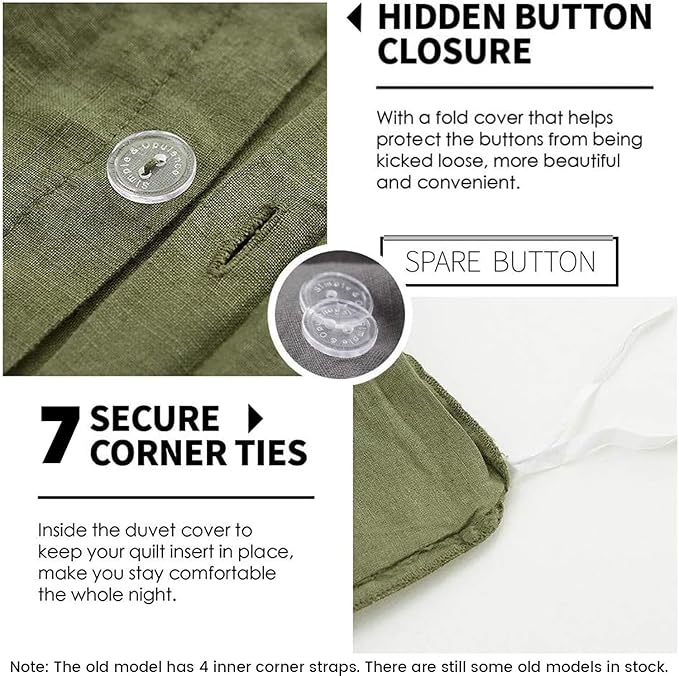 Simple&Opulence 100% Linen Duvet Cover Set 2pcs Basic Style Natural French Washed Flax Solid Color Soft Breathable Farmhouse Bedding with Button Closure - Olive Green, Twin