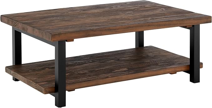 Alaterre Furniture Pomona Solid Wood Coffee Table, Rustic Brown, 48” | Large Rectangular Center Table with Storage Shelf and Metal Legs, Rustic Industrial Farmhouse Living Room Table