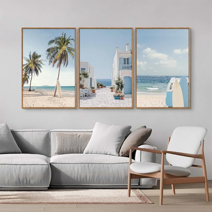 Rantodecor Beach Themed Framed Canvas Wall Art, Palm Tree Surfboard Van Wall Decor, Nordic Blue and White House Art Painting, Modern Relaxing Seascape Artwork for Bedroom Living Room Office 24"x36"x3