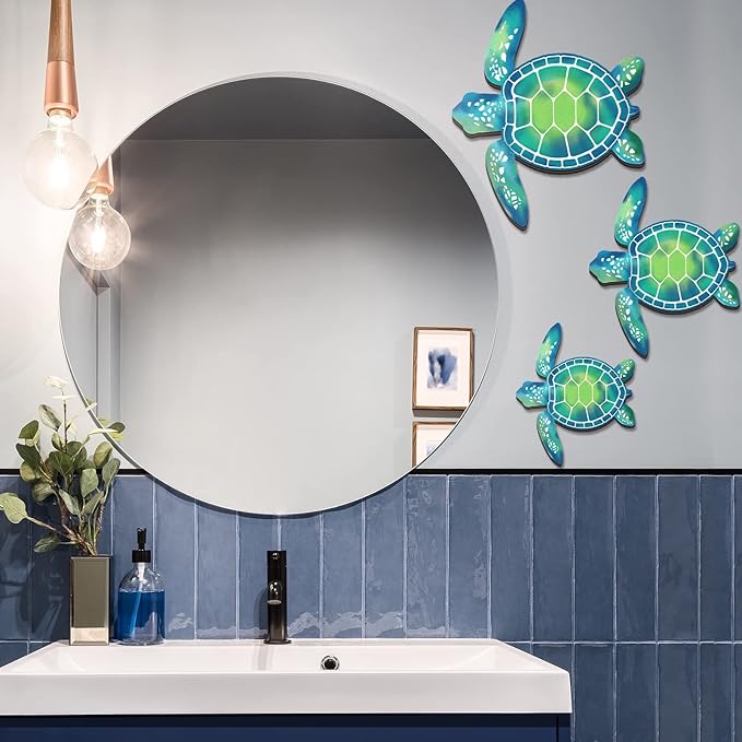 Bucherry 3 Sizes Wooden Sea Turtle Wall Decor Turtle Wall Art Beach Theme Art Decorations Vintage Coastal Ornaments for Pool Home Lake House Bathroom Garden Indoor Outdoor(Blue Green)