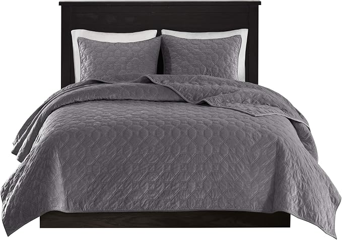 Madison Park Harper Quilt Set Velvet Casual Geometric Stitching Design All Season, Lightweight Coverlet, Cozy Bedding, Matching Shams, King/Cal King(104"x94"), Grey 3 Piece