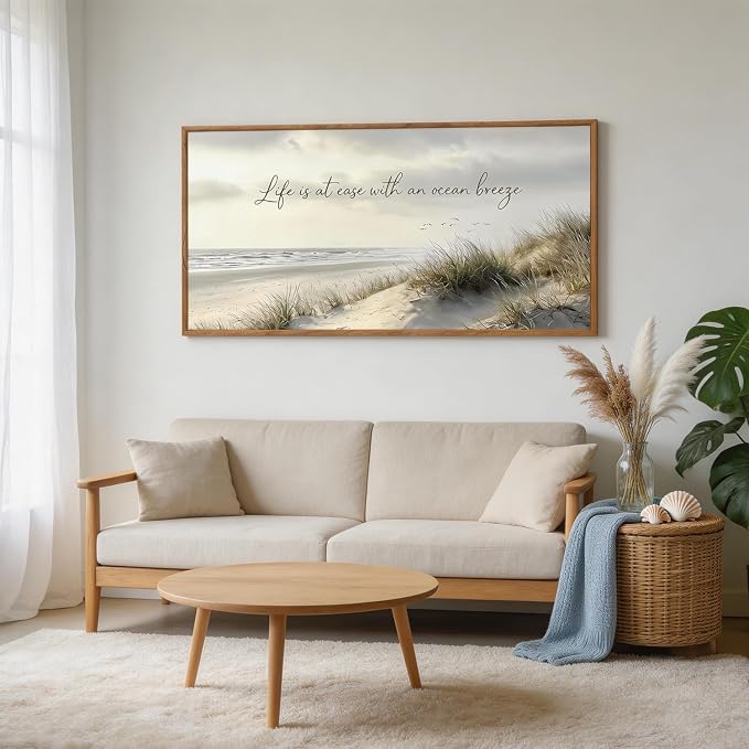 CHDITB Coastal Beach Landscape Wall Art Framed, Neutral Boho Pampus Grass Beachy Scenery Canvas Artwork, Large Nautical Ocean Waves Seascape Cozy Relaxing Calming Quotes Painting Decor for Bedroom Office (40"L x 20"W)