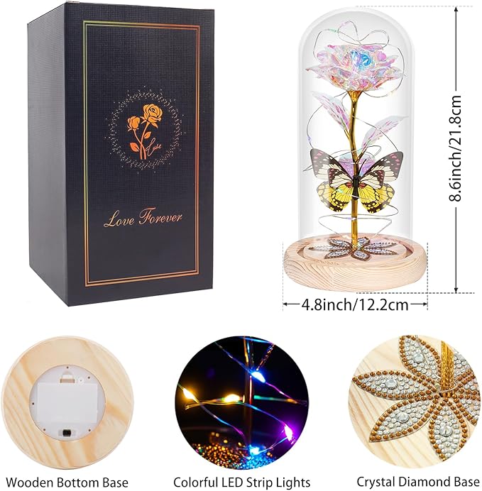 Beferr Birthday Gifts for Women Galaxy Glass Rose Forever Preserved Flowers for Delivery Light Up Rose in Glass Dome Mothers Day Butterfly Gifts for Mom Wife Grandma Her Daughter Girlfriend